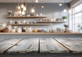 Rustic Wooden Tabletop In Front Of Blurred Kitchen Interior