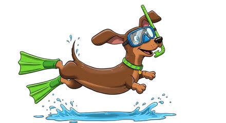 Funny Cartoon Dachshund Dog Swimming Diving Snorkeling with Flippers on Isolated Background