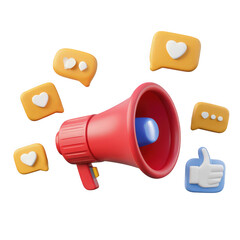 A colorful megaphone surrounded by social media icons, promoting engagement and communication.
