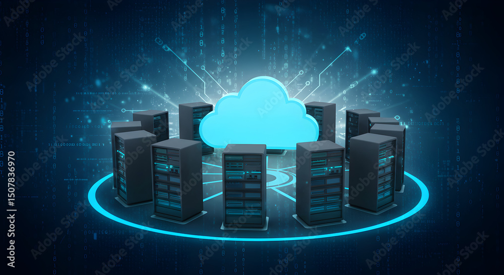 Poster cloud servers encircling digital cloud data storage in dark blue binary code background