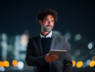 Entrepreneur holding tablet with satisfied look