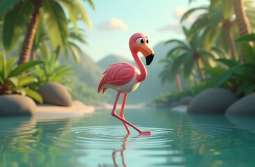 A 3D cartoon flamingo with long legs standing in a tropical lagoon water