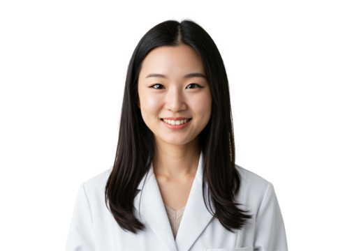 Young Asian female doctor in a white lab coat smiling confidently. Professional healthcare worker or scientist portrait on a transparent background. Medical student or intern.