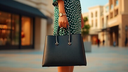 Stylish woman with leather handbag walking through chic shopping district