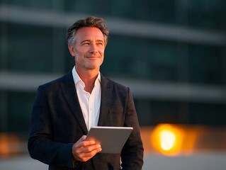 Entrepreneur holding tablet with satisfied look