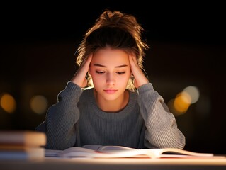 Stressed young woman holding head in hands at desk with books, studying for exam