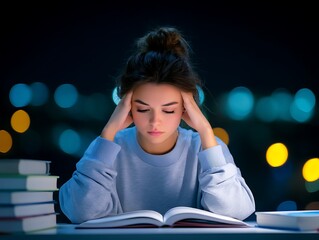 Stressed young woman holding head in hands at desk with books, studying for exam