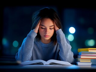 Stressed young woman holding head in hands at desk with books, studying for exam