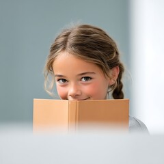 Young girl smiling shyly while hiding behind book, cute academic moment