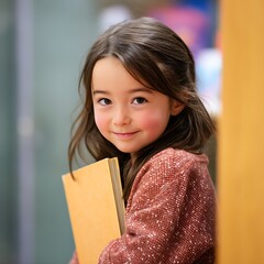 Young girl smiling shyly while hiding behind book, cute academic moment