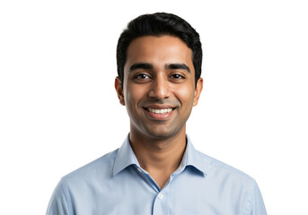 Young Indian man smiling confidently in a light blue collared shirt. Professional headshot portrait of a happy South Asian male against a transparent background. Cheerful adult looking at camera.
