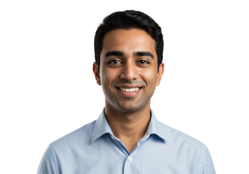 Young Indian man smiling confidently in a light blue collared shirt. Professional headshot portrait of a happy South Asian male against a transparent background. Cheerful adult looking at camera.