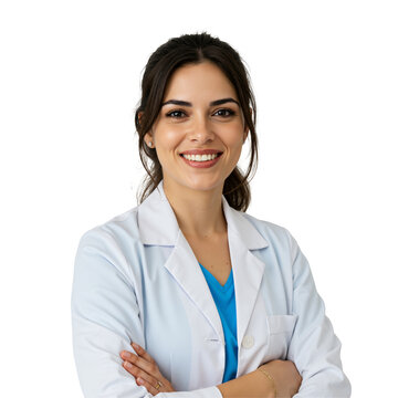 Confident Young Female Doctor in White Lab Coat and Blue Scrubs Smiling, Arms Crossed. Healthcare Professional Portrait Isolated on transparent background.