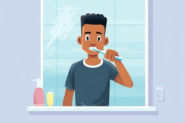 Man brushing teeth in pastel bathroom mirror, fresh morning routine