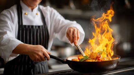 Chef flamb&eacute;s food with blazing flames