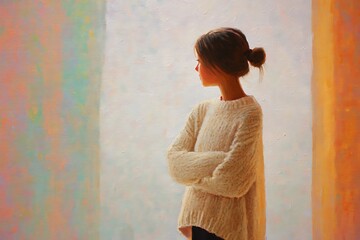 Girl in oversized sweater looking out pastel window