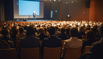 Engaging Assembly: An expansive auditorium, brimming with a diverse crowd, listens attentively to a presentation delivered on a vast screen.