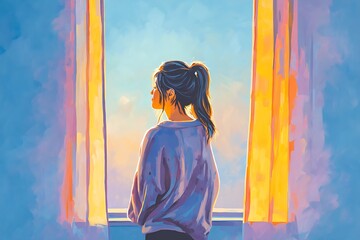 Girl in oversized sweater looking out pastel window