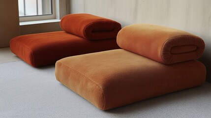 Fototapeta premium Two orange pillows are on the floor. The pillows are made of a fuzzy material and are arranged in a way that they look like they are stacked on top of each other