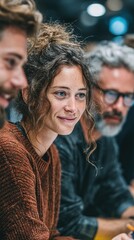 Smiling woman in group meeting.