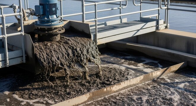 Dirty wastewater pouring into a treatment basin at a public water purification plant. Urban water system infrastructure for sewage treatment.