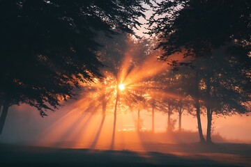 Morning sun piercing thick fog in forest glade
