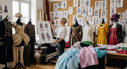 Female fashion designer reviewing design sketches in a studio surrounded by mannequins and fabrics showcasing various garment styles.