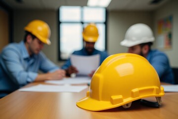 Yellow hard hat on a table amongst construction workers.
