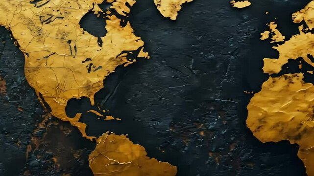 Cracked ancient world map on dark background, symbolizing climate change, environmental damage, and AI-driven research for global sustainability and restoration