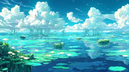 Dreamy water landscape with floating islands