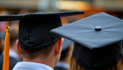 Graduation caps worn by students during ceremony, symbolizing achievement and celebration. focus is on close up of caps, showcasing tassels and excitement of event