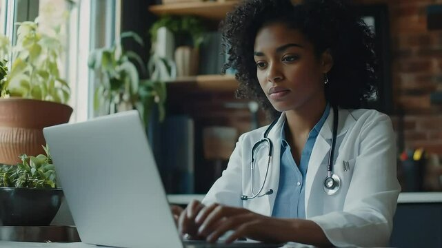 Female doctor working on laptop in hospital office 
