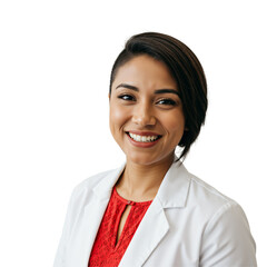 Portrait of a young professional woman with short dark hair, smiling confidently in a white lab coat. Healthcare or science expert, isolated on transparent background.