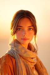 Female with gentle eyes in warm pastel sunrise light