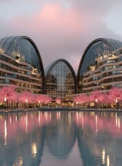 Obraz premium Modern Residential Complex With Pink Cherry Blossoms at Dusk
