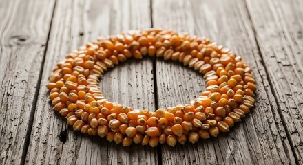 Obraz premium Popcorn kernels wreath on rustic wood background, dried corn seeds for popping, food and agriculture concept