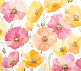 Watercolor Floral Pattern With Pink And Orange Poppies