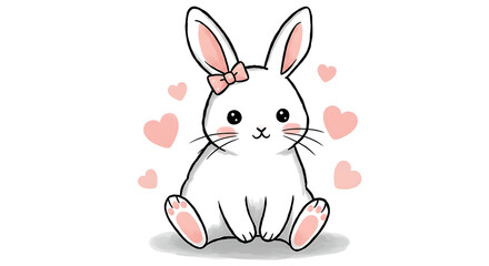 Obraz premium Adorable White Bunny Rabbit Cartoon Illustration with Pink Bow and Hearts Cute Animal Graphic Design