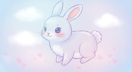 Fototapeta premium Adorable Baby Bunny Rabbit in Pastel Sky Cute Cartoon Illustration