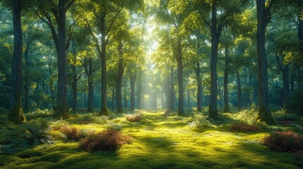 Obraz premium Sunlight streams through a tranquil forest.