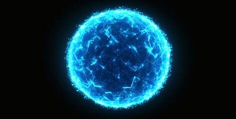 Bright blue digital globe formed by pixel lights and lines in futuristic graphic style on dark creative background