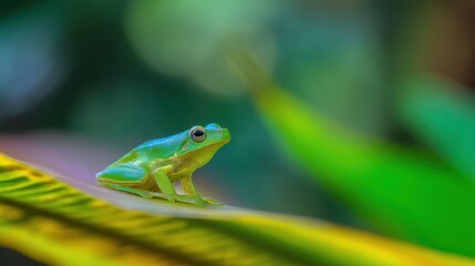 Fototapeta premium A vibrant tree frog rests on a tropical leaf, embodying nature's delicate beauty.