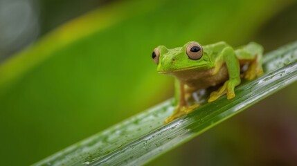 Naklejka premium A vibrant tree frog rests on a tropical leaf, embodying nature's delicate beauty.