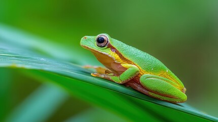 Naklejka premium A vibrant tree frog rests on a tropical leaf, embodying nature's delicate beauty.
