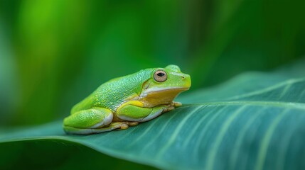 A vibrant tree frog rests on a tropical leaf, embodying nature's delicate beauty.