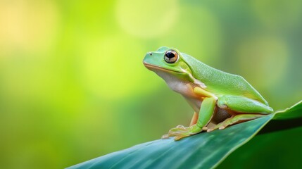 Naklejka premium A vibrant tree frog rests on a tropical leaf, embodying nature's delicate beauty.