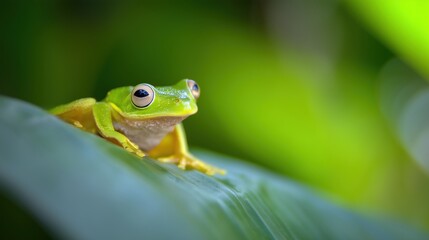 Obraz premium A vibrant tree frog rests on a tropical leaf, embodying nature's delicate beauty.