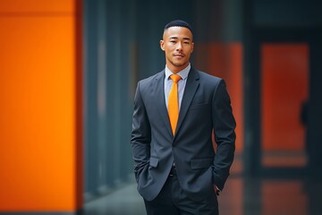 Professional male entrepreneur confidently standing in modern office