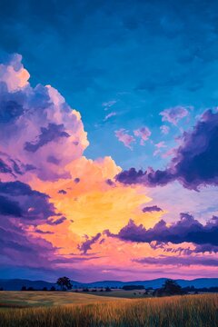 Sunset storm sky with glowing clouds over rolling fields