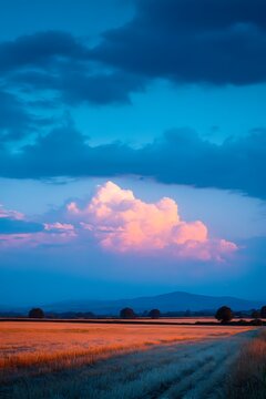 Sunset storm sky with glowing clouds over rolling fields